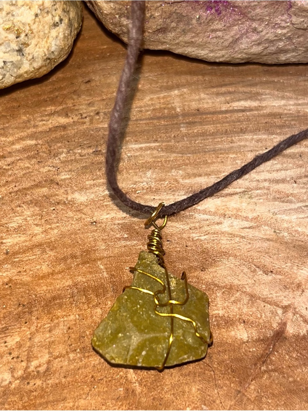 Handmade Serpentine Stone Pendant Necklace with Gold Wire Wrap